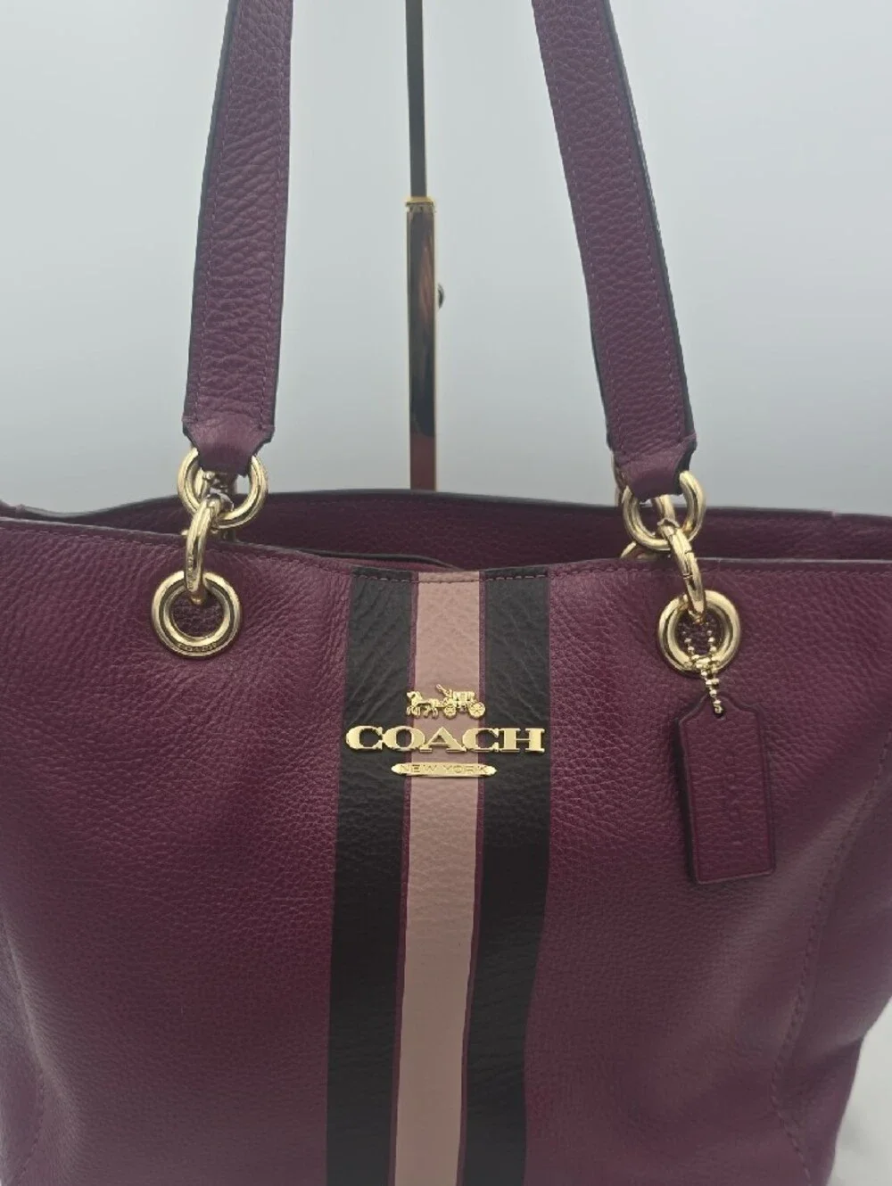 Coach Plum/Pink Varsity Stripe Ava Large Shoulder Bag W/ Gold Hardware (EUC)💖💜 - Picture 2 of 16